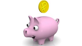 The coin with the symbol of the Russian ruble falls into the piggy bank. Gold coin with the symbol of the Russian ruble falls into the piggy bank. Financial concept. Footage video