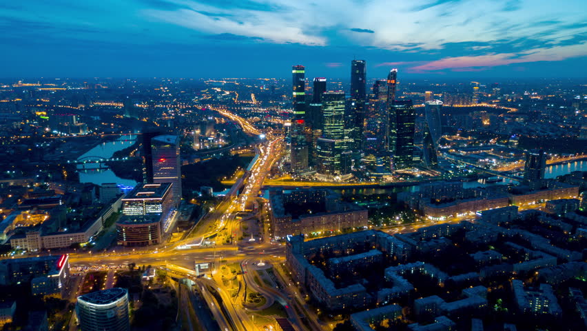 sunset sky night light moscow city traffic ring road aerial panorama 4k time lapse russia Royalty-Free Stock Footage #29969647