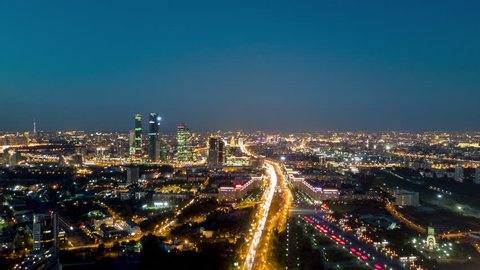 moscow city night illuminated traffic kutuzovsky prospect park aerial panorama 4k time lapse russia