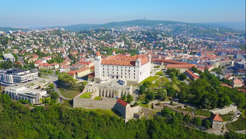 Bratislava Castle or Bratislavsky Hrad aerial panoramic view. Bratislava Castle is the main castle of Bratislava, capital of Slovakia.