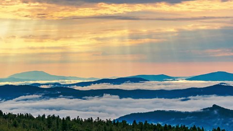 Breathtaking sunrise and mist over the tops of mountains and woods