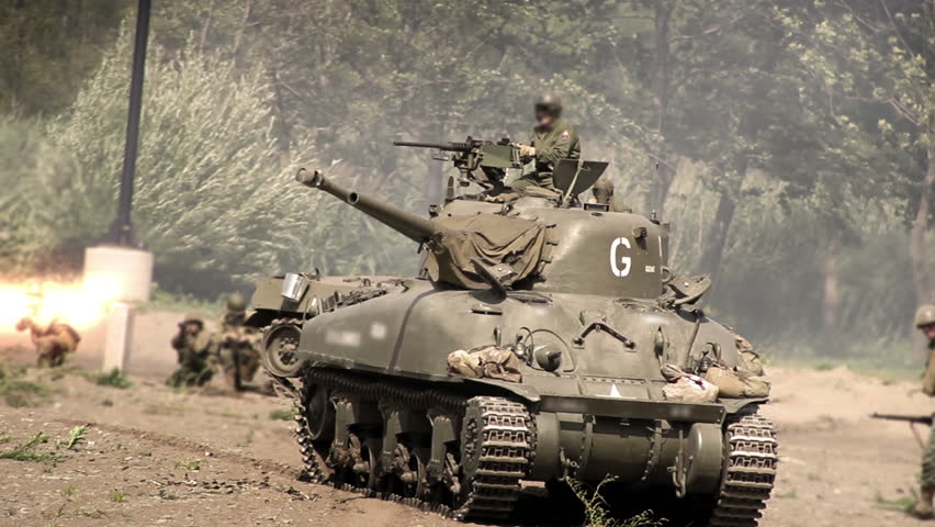World War Two - American Sherman Firefly shielding American Troops during battle