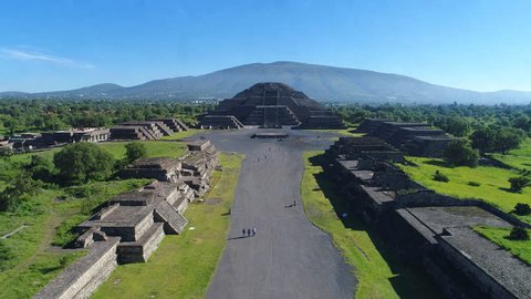 Aerial view of pyramids in ancient mesoamerican city of Teotihuacan, Pyramid of the Moon, Valley of Mexico from above, Central America, 4k UHD 