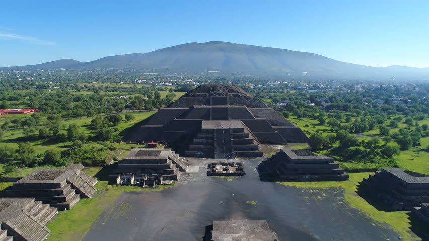 Aerial view of pyramids in ancient mesoamerican city of Teotihuacan, Pyramid of the Moon, Valley of Mexico from above, Central America, 4k UHD 