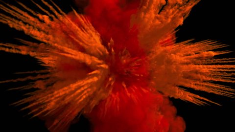 Colored middle size smoke explosion with trails, explodes on camera. Smoke density - low. Separated on pure black background, contains alpha channel.
