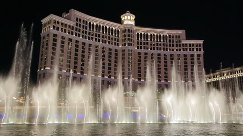 Las Vegas, Nevada - April 2017: Fountains of Bellagio. Bellagio water fountain show in Las Vegas with original surround sound. Bellagio Hotel Casino by night, Las Vegas Famous Show, Musical Fountains.