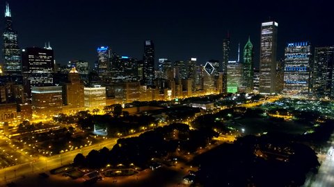 CHICAGO, IL, USA - AUGUST 5, 2017: Night drone aerial of Chicago USA 4k