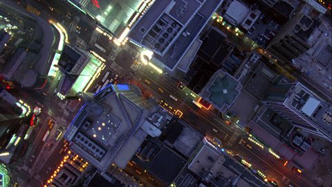 Overhead Aerial Shot of NYC Manhattan at Night, New York USA