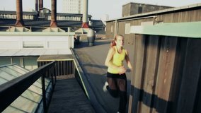 Handheld shot of female doing parkour or free running flow on rooftop. Urban sunset scene. - Powered by Shutterstock - Get 15% off with code: PIKWIZARD15