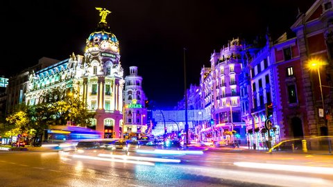 MADRID, SPAIN - SEPTEMBER 9: Time-lapse view of the Gran Via as traffic passes by in the center of the city on September 9, 2016 in Madrid, Spain.
