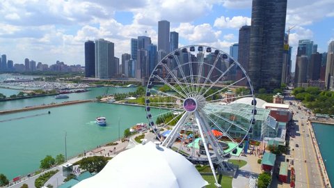 CHICAGO, IL, USA - AUGUST 4, 2017: Aerial drone shot Chicago Navy Pier Downtown 4k 60p