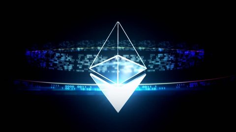 Abstract animation of ethereum currency sign rotating in digital cyberspace with binary code. Seamless loop