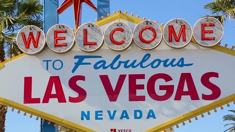 Las Vegas, Nevada - April 2017: Welcome sign at the start of the famous Las Vegas Strip. Welcome to Fabulous Las Vegas sign by day, Nevada. Welcome to Las Vegas sign on a bright sunny day closeup.