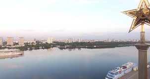 4K aerial video footage view of Moscow Northern river station and boat pier near Khimki, river Moscow, embankment and area around it on summer morning in capital of Russia