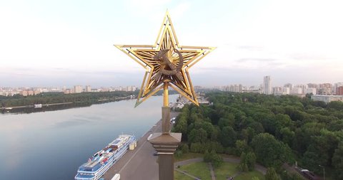 4K aerial video footage view of Moscow Northern river station and boat pier near Khimki, river Moscow, embankment and area around it on summer morning in capital of Russia