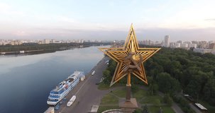 4K aerial video footage view of Moscow Northern river station and boat pier near Khimki, river Moscow, embankment and area around it on summer morning in the capital of Russia