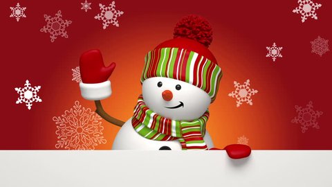 Christmas cartoon snowman isolated on red background, festive salutation, greeting card template, animated character, falling snowflakes, blank space for text