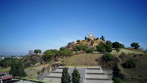 4K Video of Afternoon flying up aerial view of the famous Pyramid of Cholula, Mexico
