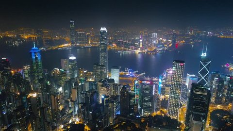 Hong Kong Night aerial view on the island, Victoria bay 4k