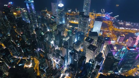 Hong Kong Drone Night view Roofs of skyscrapers 4k
