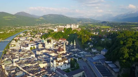 Salzburg city aerial panoramic view in Salzburg region of Austria