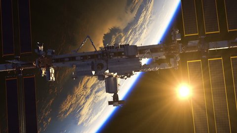 Flight Of International Space Station On The Background Of Earth And Rising Sun. 3D Animation.