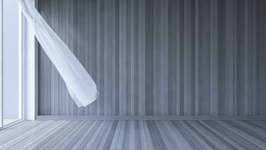 3ds rendered footage of blowing blind in blank room , White fabric curtains being blown by wind from the sea, dark gray wooden wall and white wooden floor. Cinemagraph style
