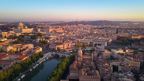 rome aerial view flying to st. peter church at sunrise cut two