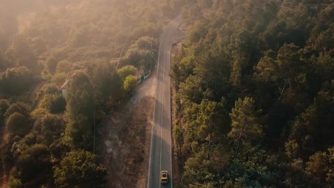 Aerial view of a car riding on the highway through the forest on the countryside. Cinematic drone footage of a car riding away from camera in pine forest road during sunrise in Europe.