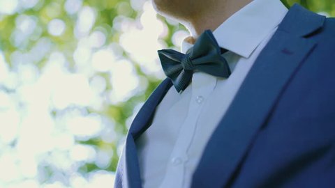 Male hands correct wedding bowtie on white shirt in the green light forest 4K, videoclip de stoc