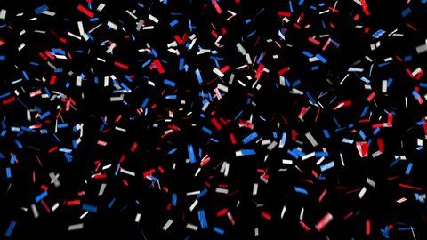 Red, white, blue with alpha channel, pre-keyed, background is transparent. Patriotic and loopable confetti. ProRes 4444 with transparency means this confetti can go over anything! Ticker tape style.
