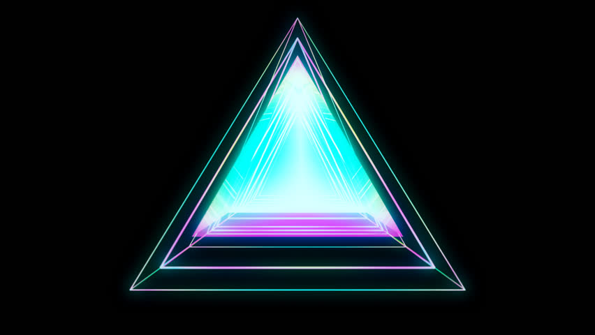 Glowing triangular 3D UI element with Alpha Channel. Illuminated geometric triangle and pyramid shapes transforming in a seamless loop.
