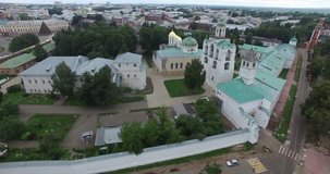 4K aerial video footage view of medieval Spaso-Preobrazenski monastery, Kremlin, protected cultural reserve in central Yaroslavl in Yaroslavl Oblast area, 260 km north-east of Moscow, central Russia