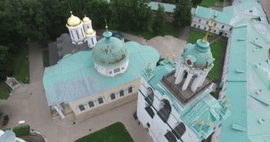 4K aerial video footage view of medieval Spaso-Preobrazenski monastery, Kremlin, protected cultural reserve in central Yaroslavl in Yaroslavl Oblast area, 260 km north-east of Moscow, central Russia