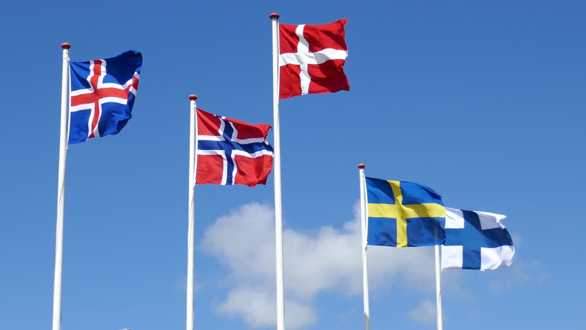 scandinavian flags from norway, sweden, finland, iceland, denmark blowing in the wind Royalty-Free Stock Footage #30070657