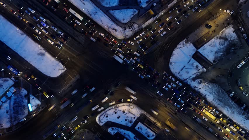 Transport congestion on crossroad at winter evening. Aerial view time lapse | Shutterstock HD Video #30090655