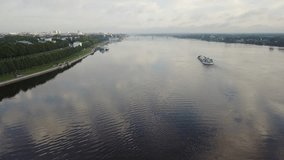 4K aerial video footage view of Russia's great largest river Volga, its shores, boats, ships and yachts in central Yaroslavl in Yaroslavl Oblast area, 260 km north-east of Moscow, central Russia