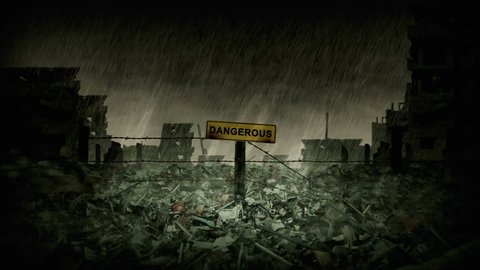 Dangerous sign in the rain. Matte painting animation. Post apocalyptic scene. War ruins