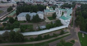 4K aerial video footage view of medieval Spaso-Preobrazenski monastery in Kremlin, protected cultural reserve in central Yaroslavl in Yaroslavl Oblast area, 260 km north-east of Moscow, central Russia