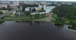 4K aerial video footage view of medieval Spaso-Preobrazenski monastery in Kremlin, protected cultural reserve in central Yaroslavl in Yaroslavl Oblast area, 260 km north-east of Moscow, central Russia