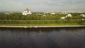 4K aerial video footage view of Assumption Cathedral on hill above of river Volga, with park and best views in central Yaroslavl in Yaroslavl Oblast area, 260 km north-east of Moscow, central Russia