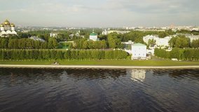 4K aerial video footage view of Russia's great largest river Volga, its shores, boats, ships and yachts in central Yaroslavl in Yaroslavl Oblast area, 260 km north-east of Moscow, central Russia