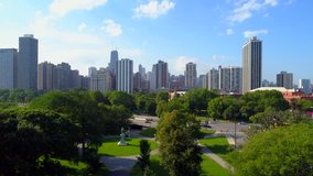 Aerial video Lincoln park reveal Downtown Chicago