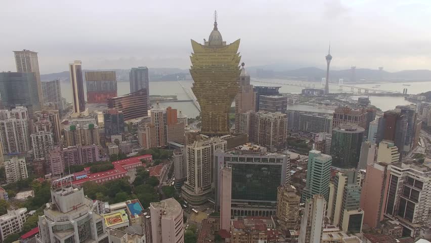 Aerial shot of the classic casino strip and skyline of Macau 4k