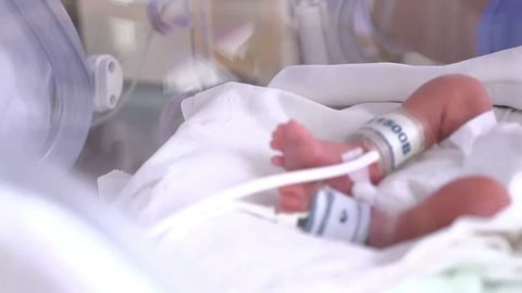 a newborn in incubator, intensive hospital therapy: CCU, ICU, ITU. The tiny baby child moves his fingers, foot and leg vigorously., Closeup