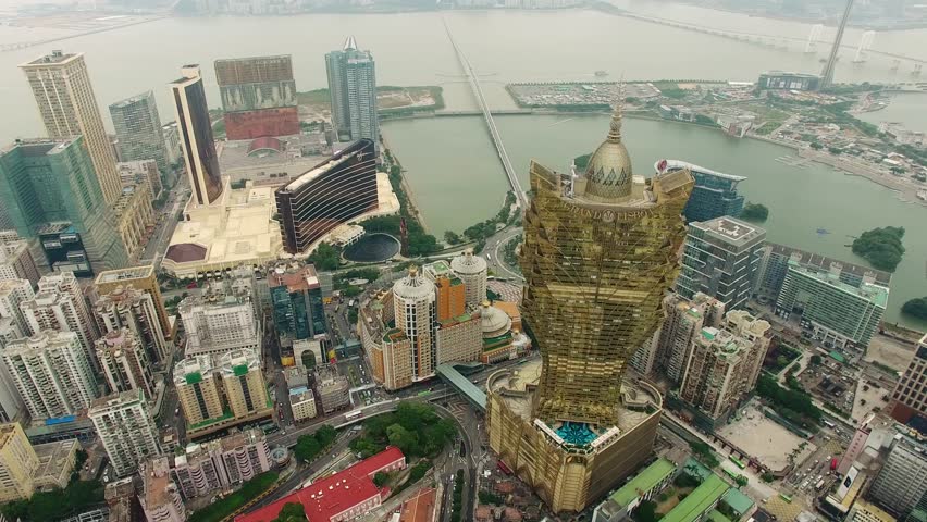China Macau Casino aerial view Cloudy sky 4k