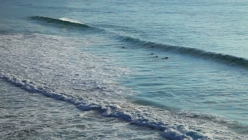 Some surfers floating at wave in ocean
