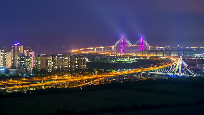 Time lapse of incheon bridge in South Korea.Zoom out