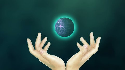 Abstract sphere  in abstract hands of human. Global Network connection visualization. Futuristic earth globe. 