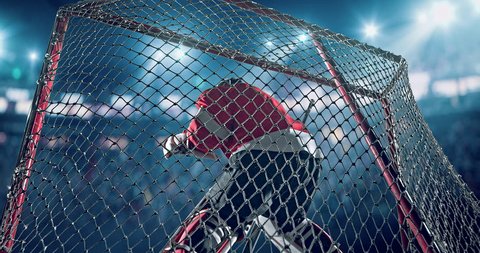 Ice Hockey goalie fails a goal on a hockey arena with intensional lens flares. He is wearing unbranded sports clothes.